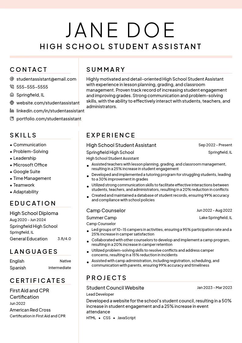 High School Student Assistant resume example