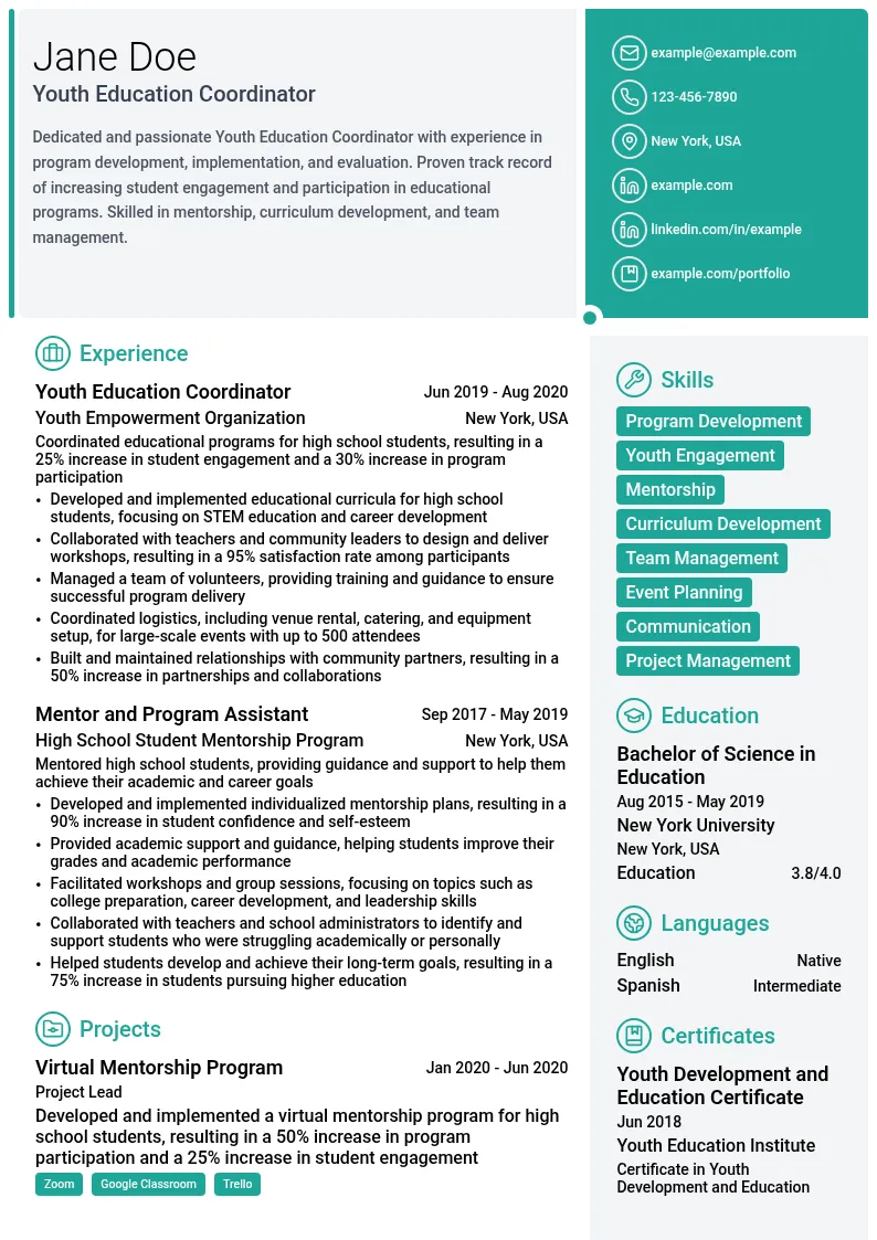 Youth Education Coordinator resume example
