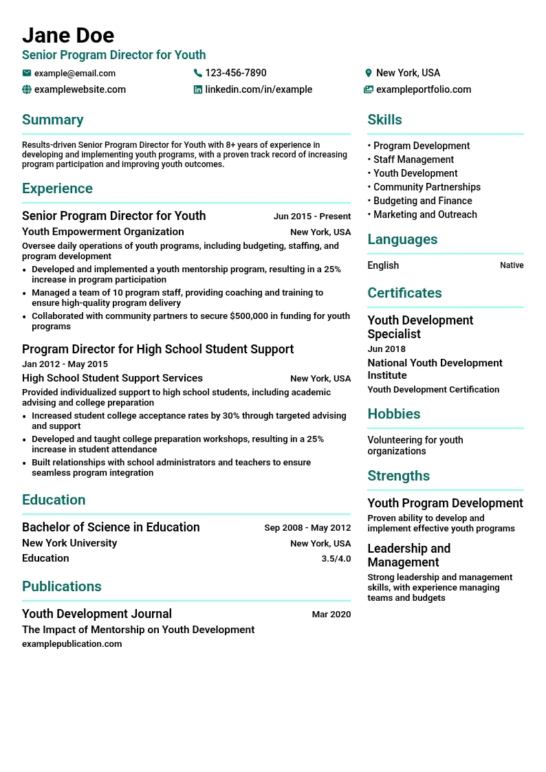 Senior Program Director for Youth resume example