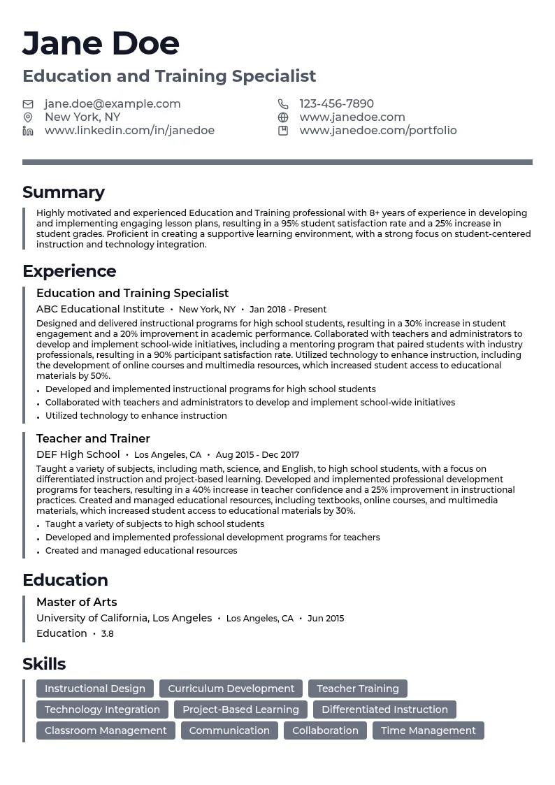 Education and Training resume example