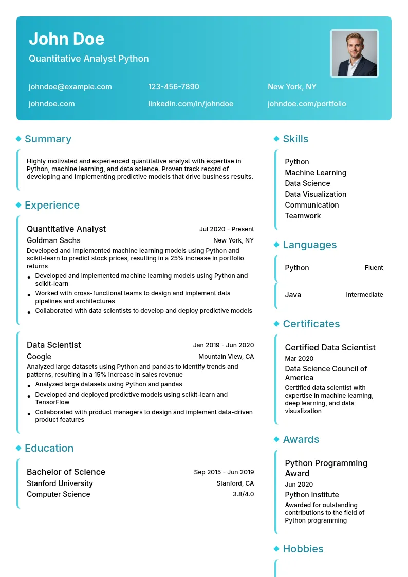 Quantitative Analyst Python resume example