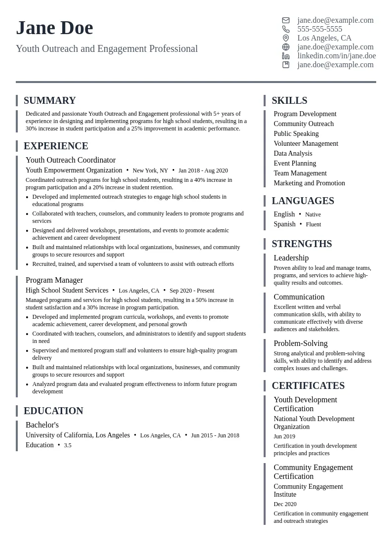 Youth Outreach and Engagement resume example