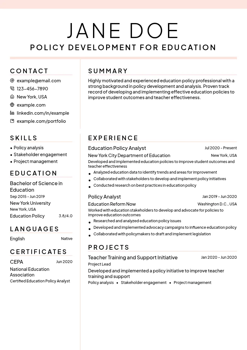 Policy Development for Education resume example