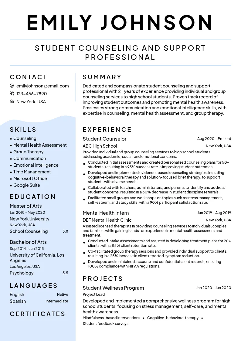 Student Counseling and Support resume example