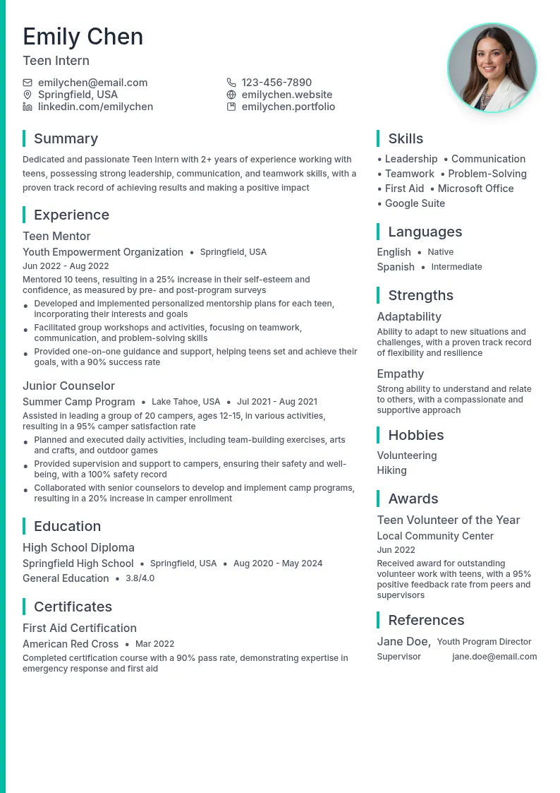 Teen Intern resume example