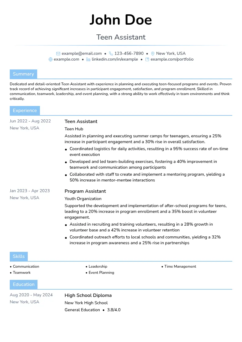 Teen Assistant resume example