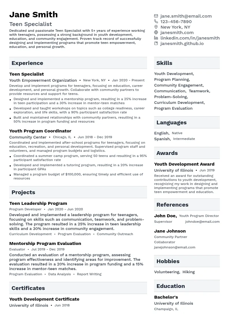 Teen Specialist resume example