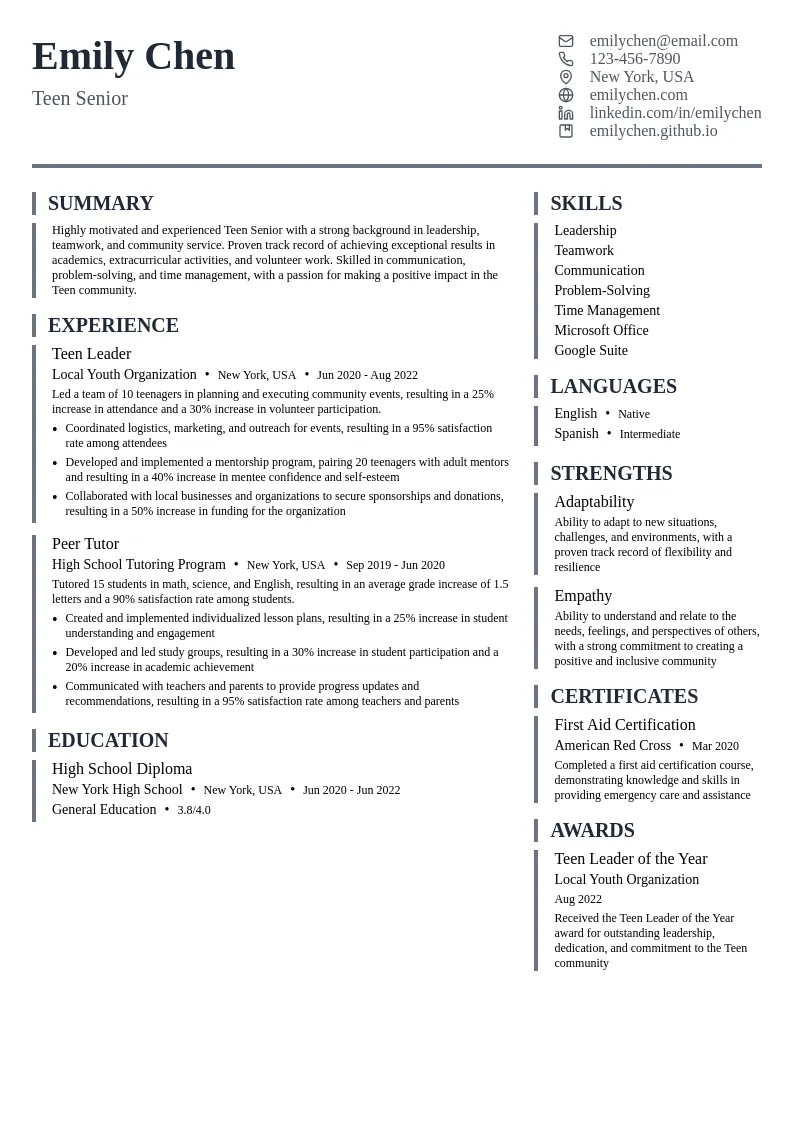 Teen Senior resume example