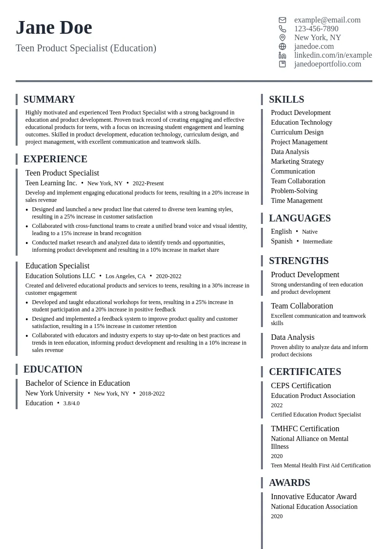 Teen Product Specialist (Education) resume example