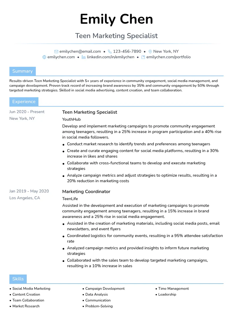Teen Marketing Specialist (Community Engagement) resume example
