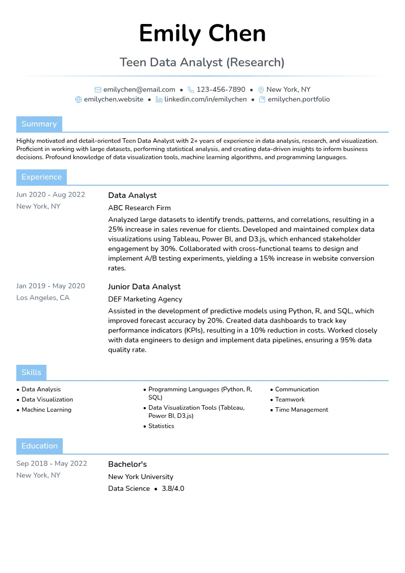 Teen Data Analyst (Research) resume example