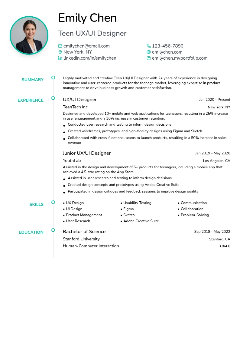 Teen UX/UI Designer (Product Management) resume example