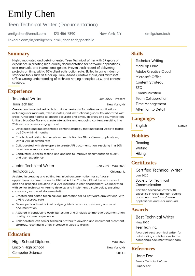 Teen Technical Writer (Documentation) resume example