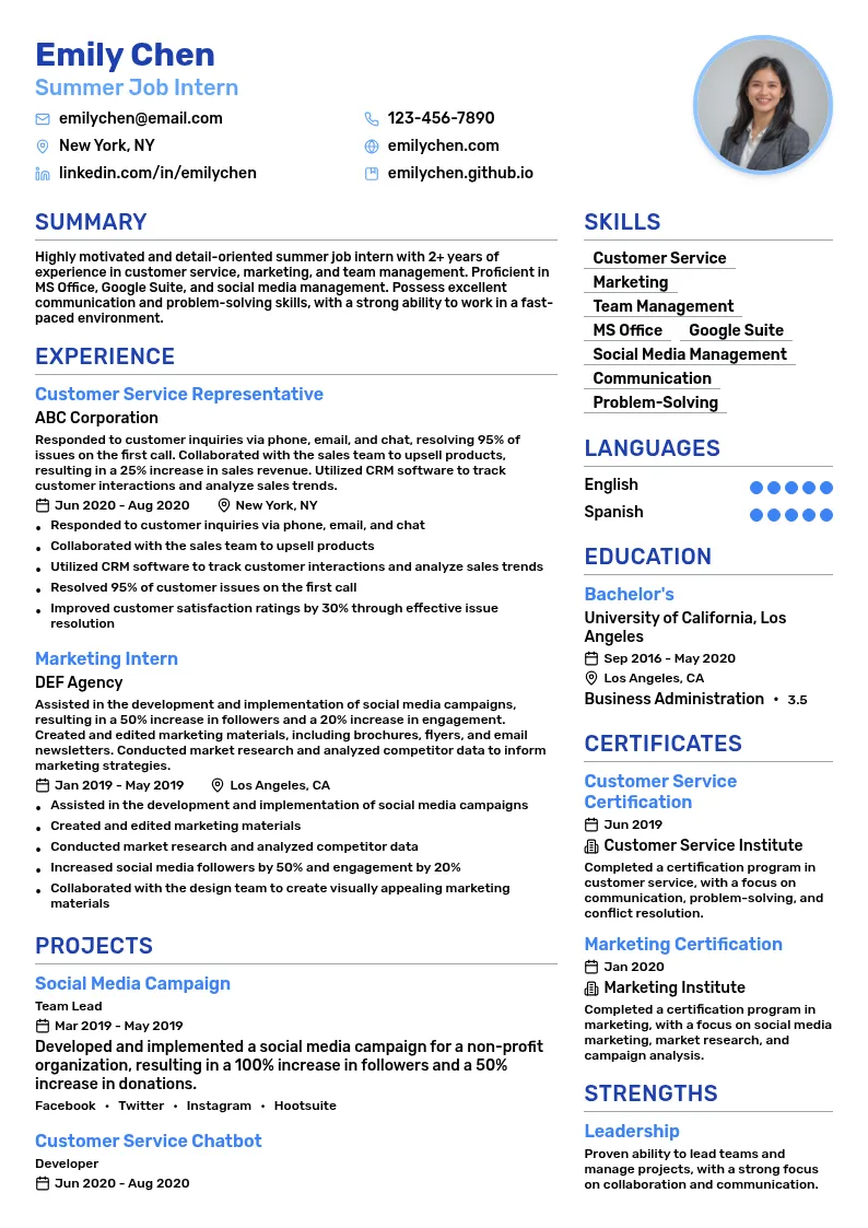 Summer Job Intern resume example