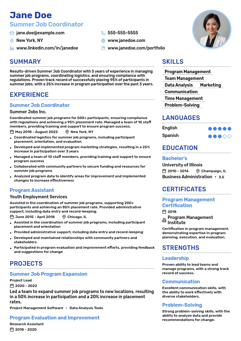 Summer Job Coordinator resume example