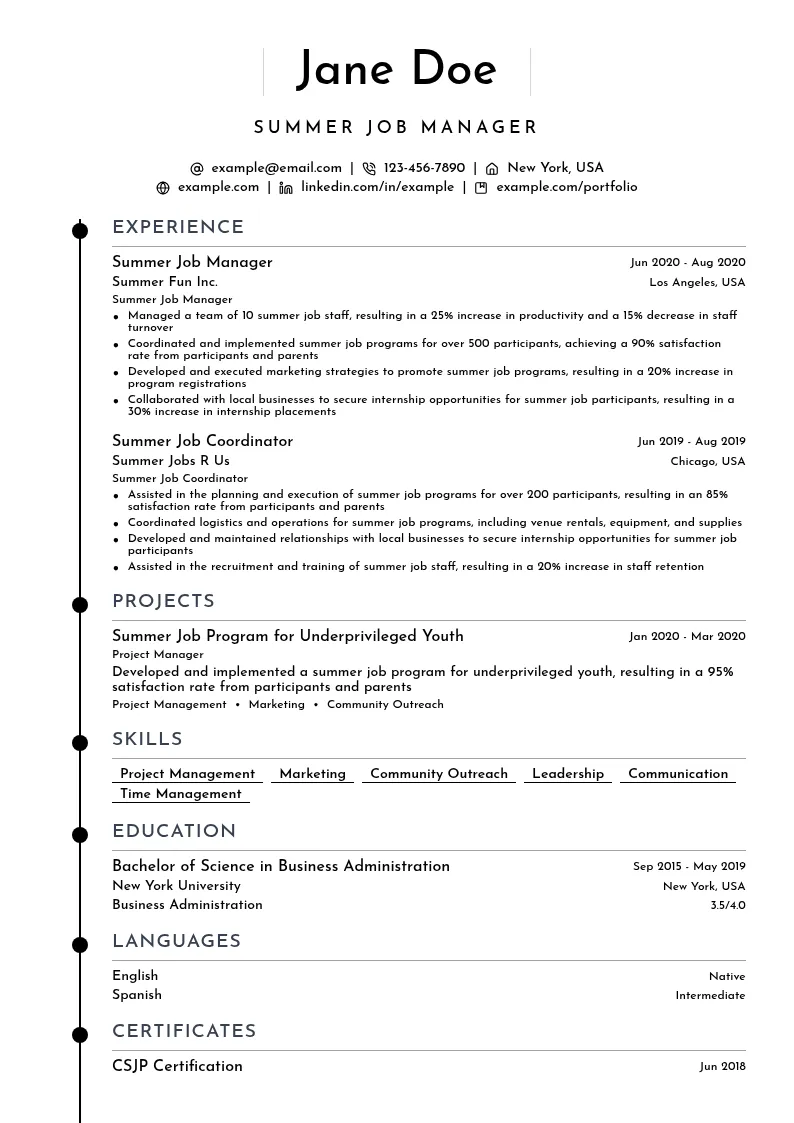 Summer Job Manager resume example