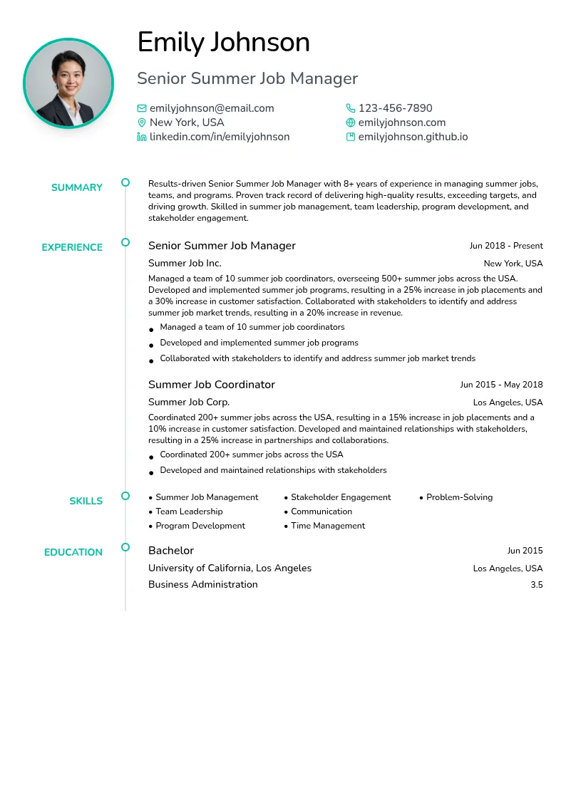 Senior Summer Job Manager resume example