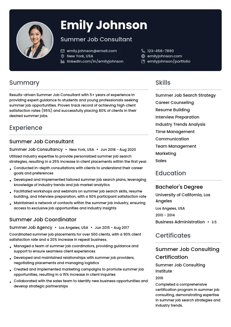 Summer Job Consultant resume example