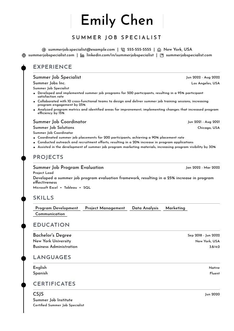 Summer Job Specialist resume example