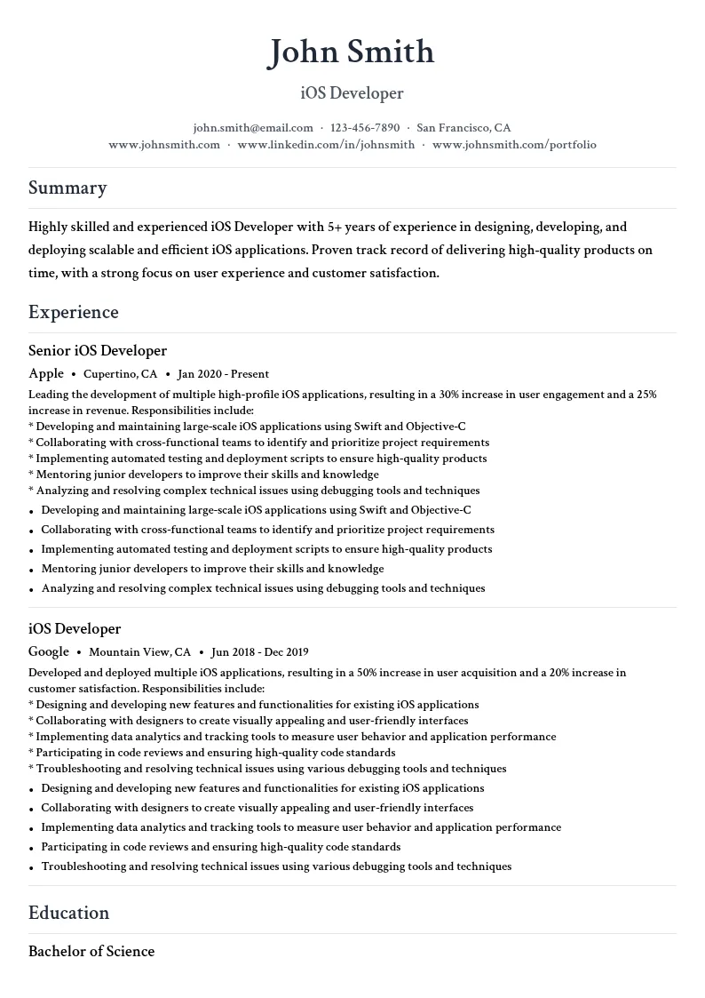 iOS Developer resume example