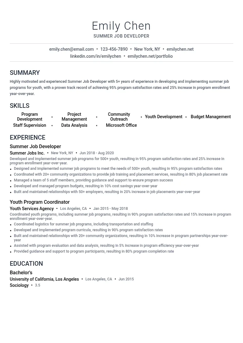 Summer Job Developer resume example