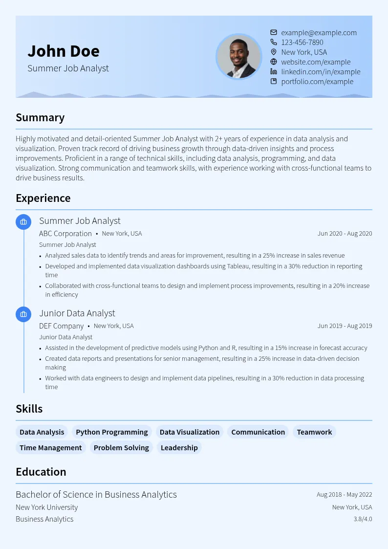Summer Job Analyst resume example