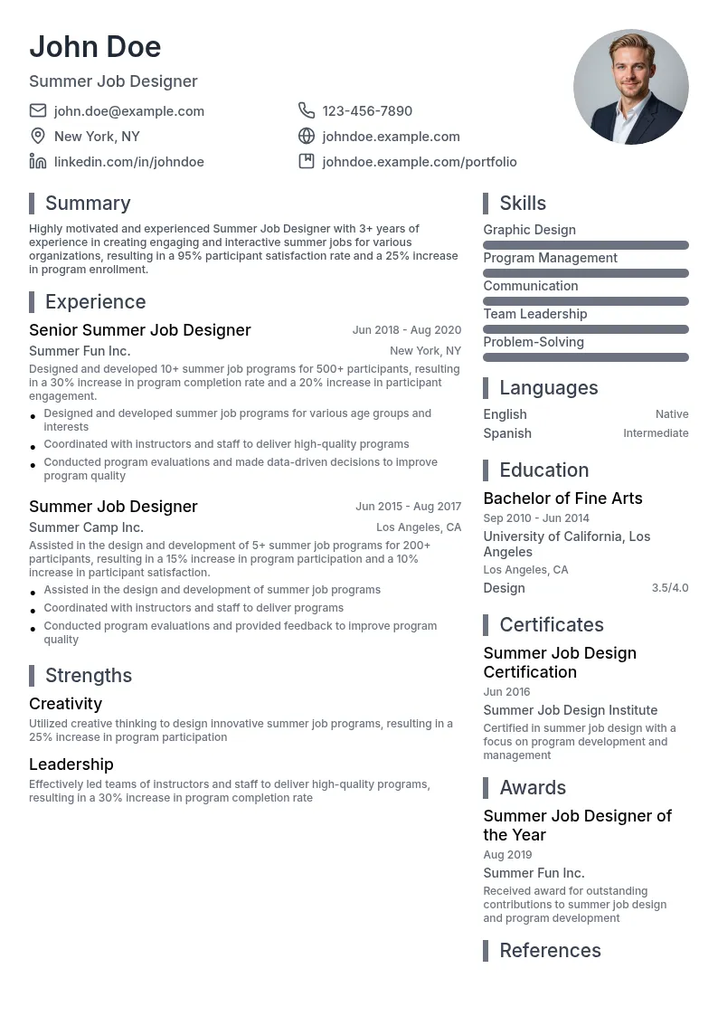 Summer Job Designer resume example