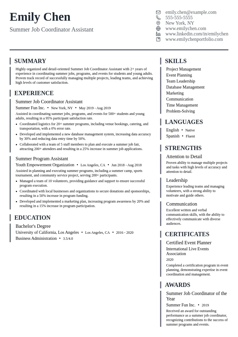 Summer Job Coordinator Assistant resume example
