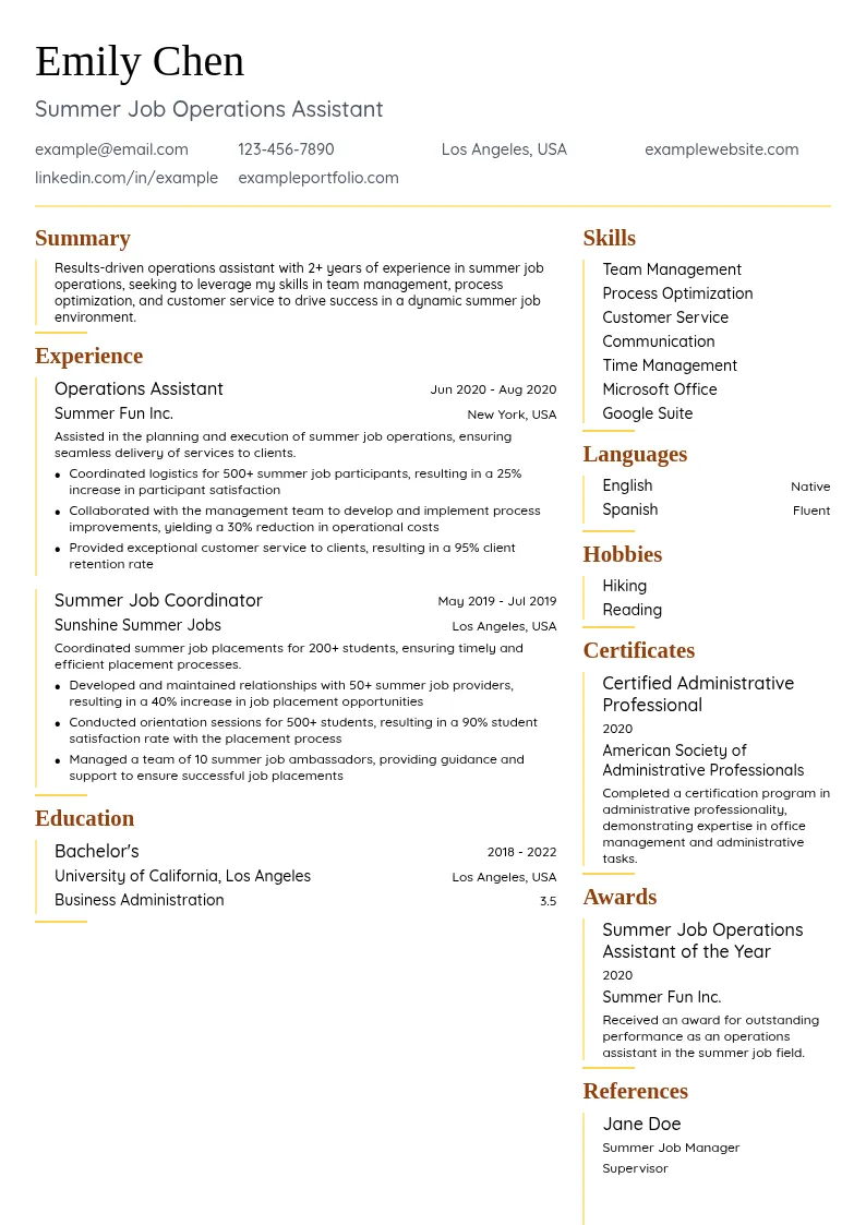Summer Job Operations Assistant resume example