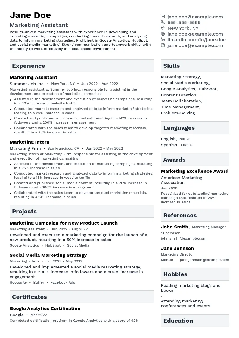 Summer Job Marketing Assistant resume example