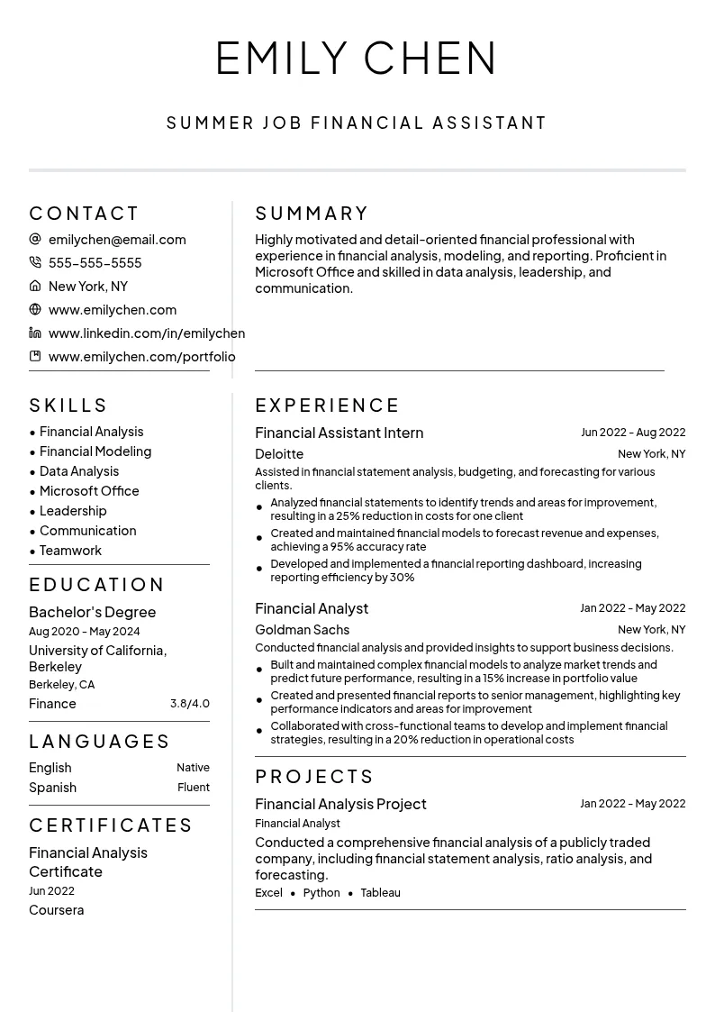 Summer Job Financial Assistant resume example