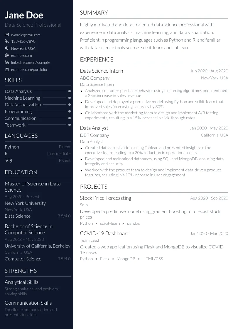 Graduate School Intern resume example