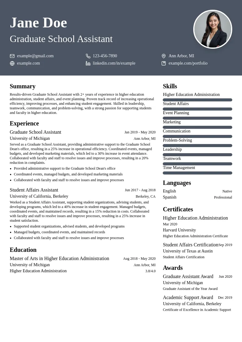 Graduate School Assistant resume example