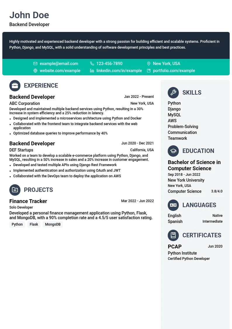 Backend Developer Python resume example