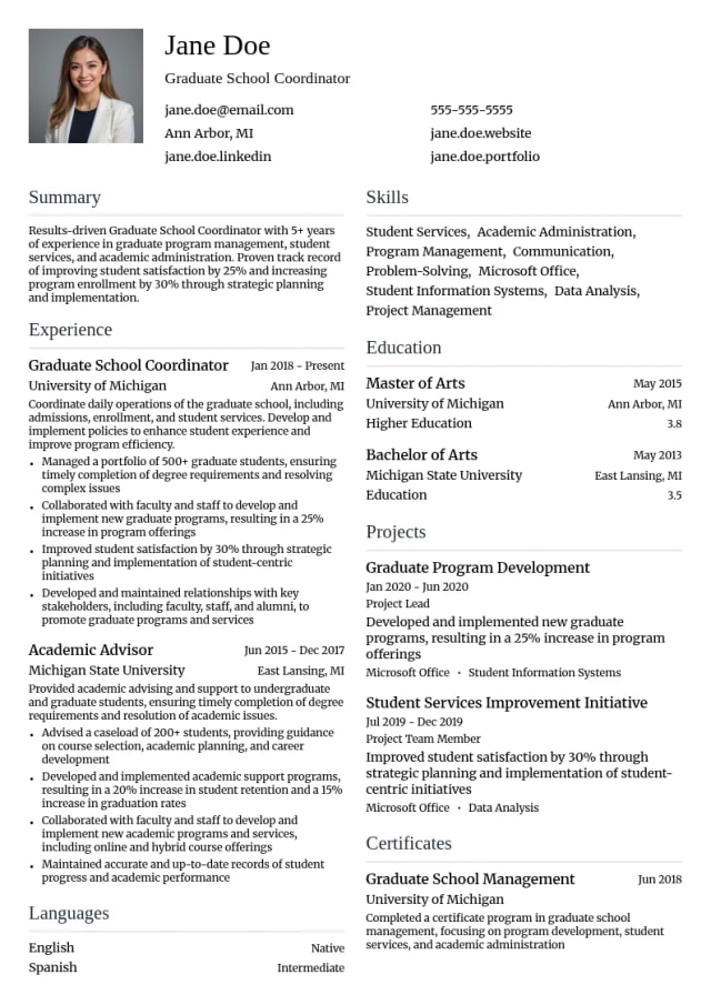 Graduate School Coordinator resume example