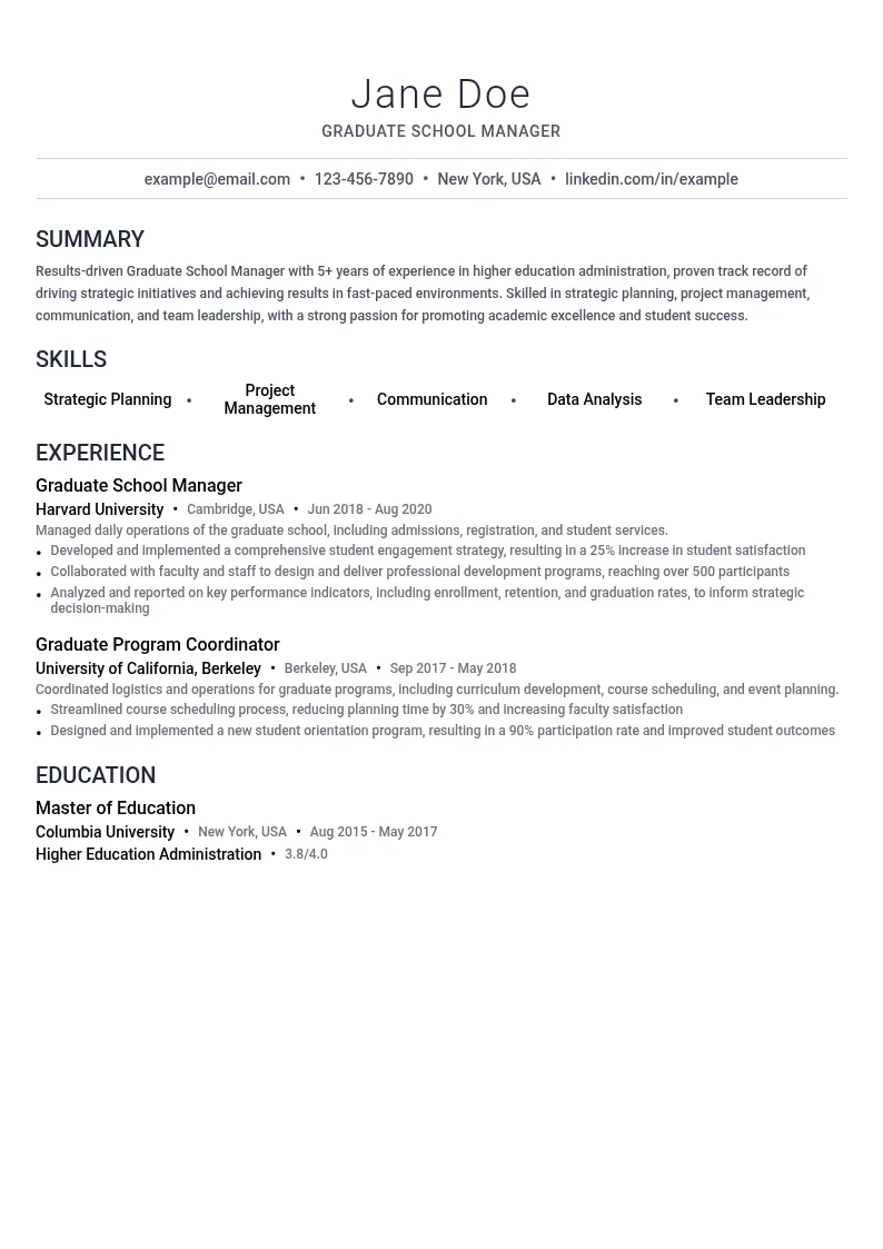 Graduate School Manager resume example