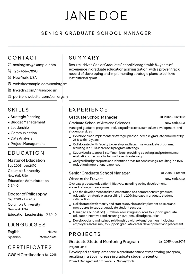 Senior Graduate School Manager resume example