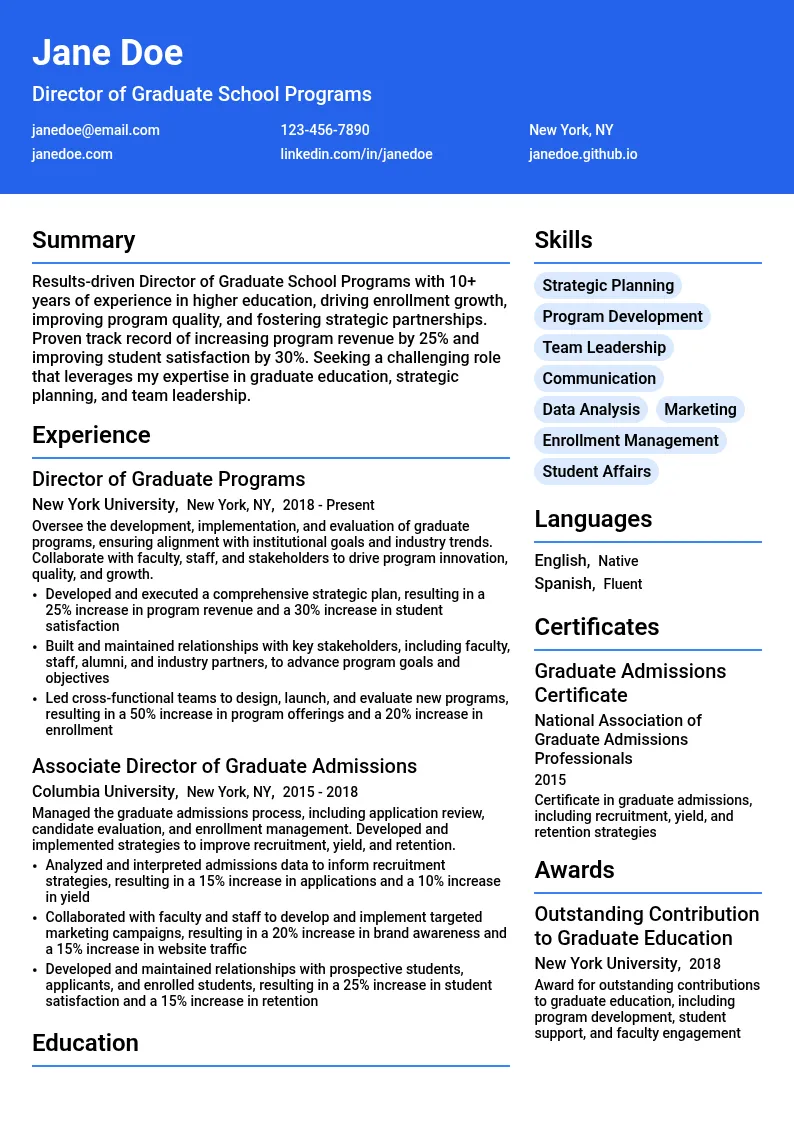 Director of Graduate School Programs resume example