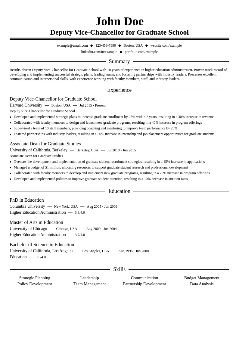 Deputy Vice-Chancellor for Graduate School resume example