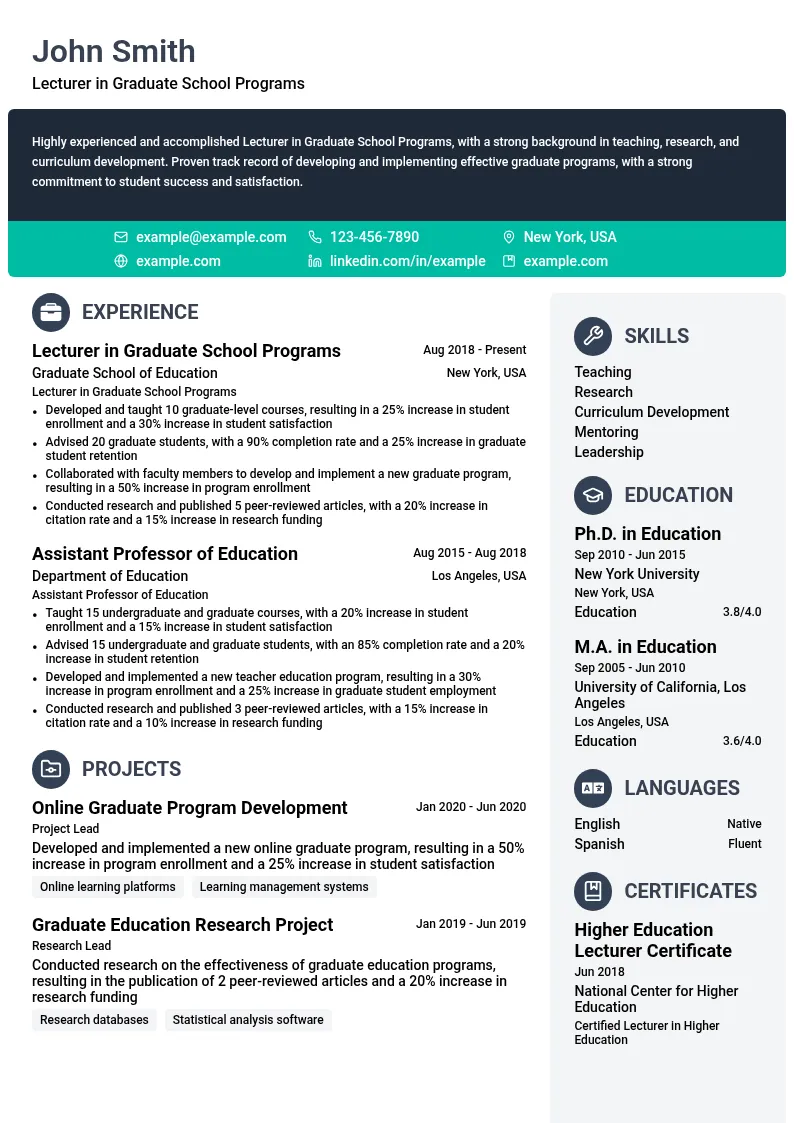 Lecturer in Graduate School Programs resume example