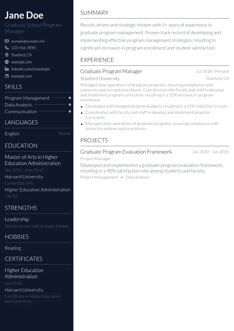 Graduate School Program Manager resume example