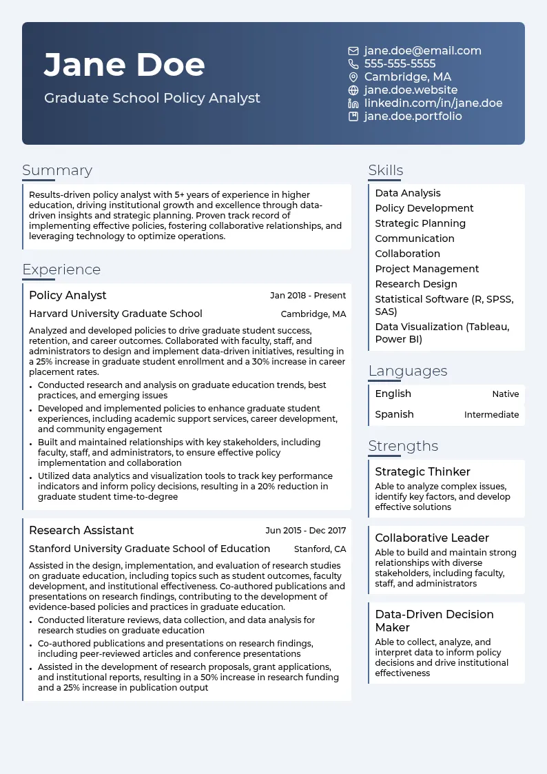 Graduate School Policy Analyst resume example