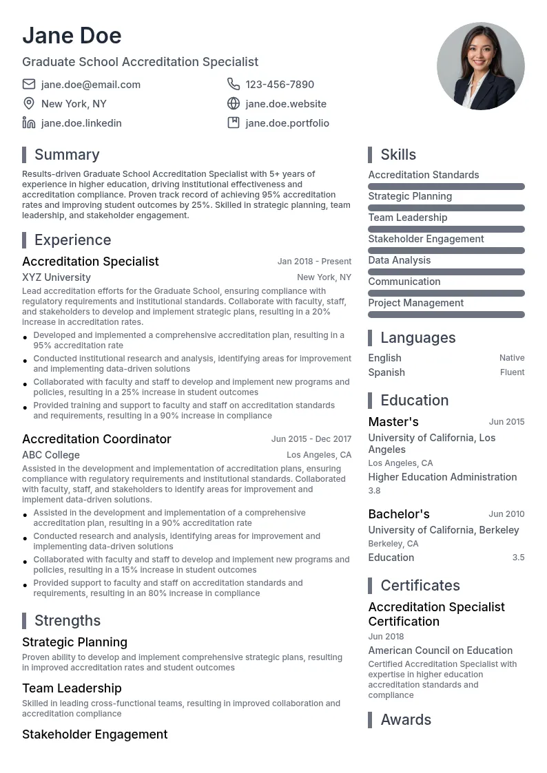 Graduate School Accreditation Specialist resume example