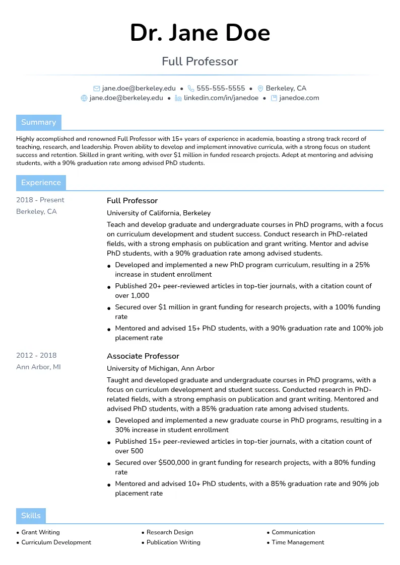 Full Professor resume example