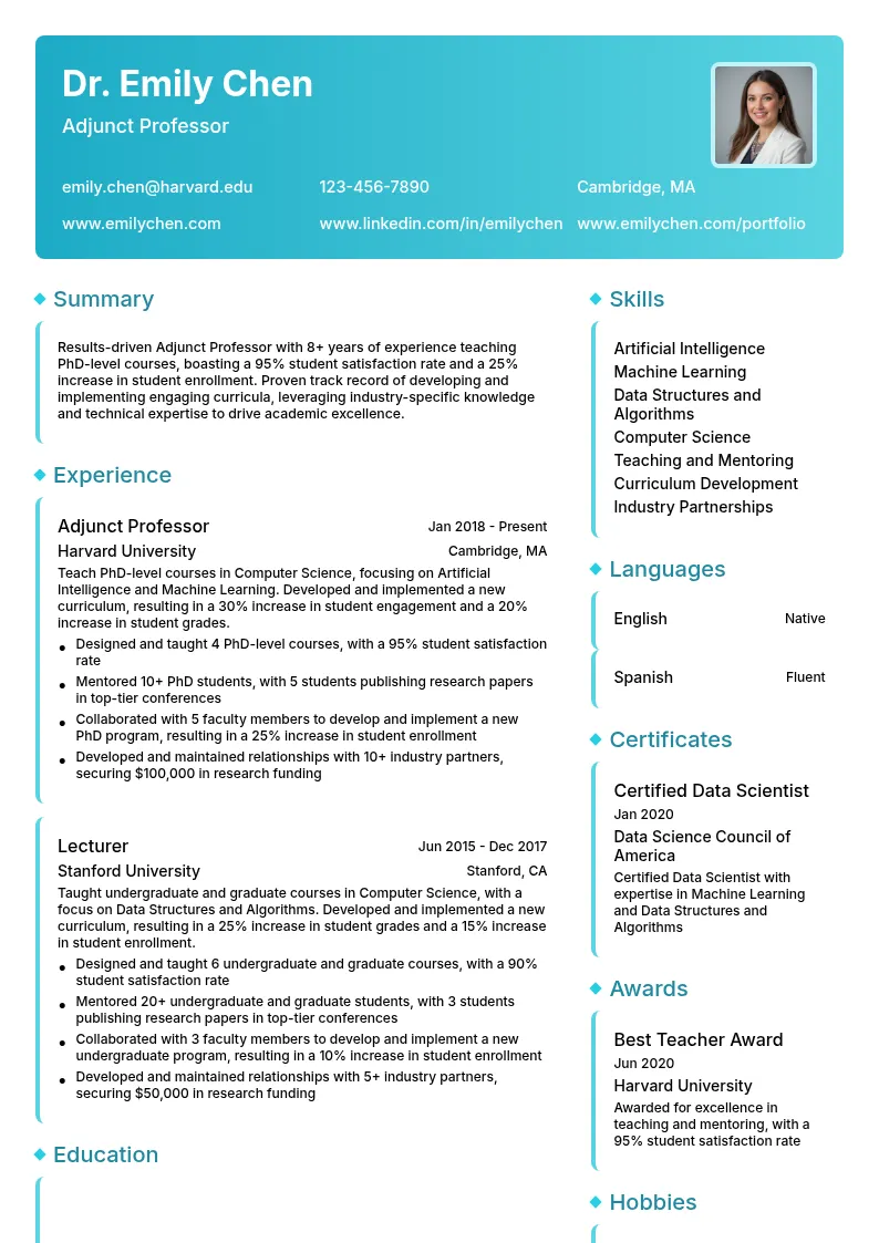 Adjunct Professor resume example