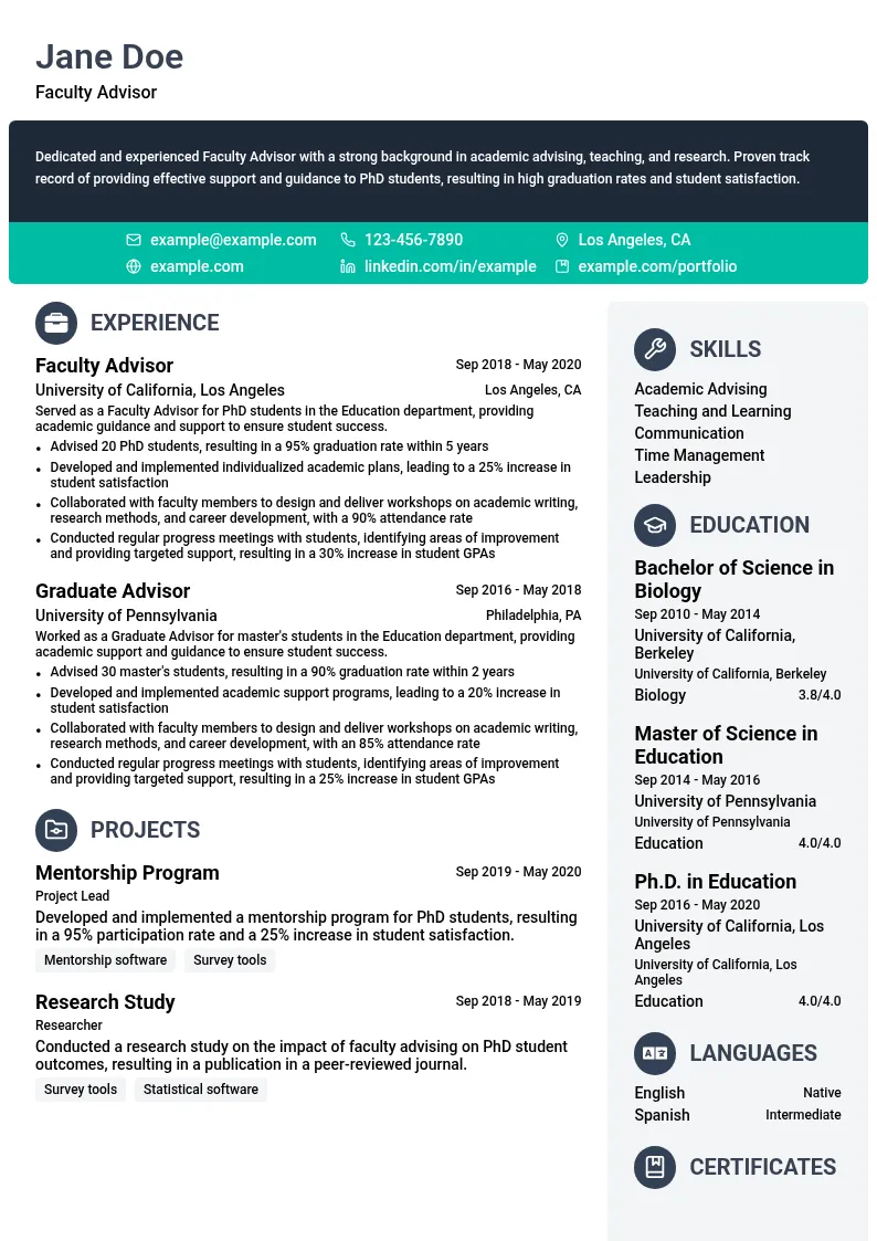Faculty Advisor resume example