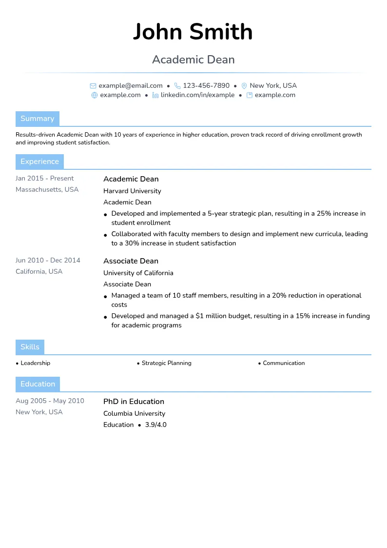 Academic Dean resume example