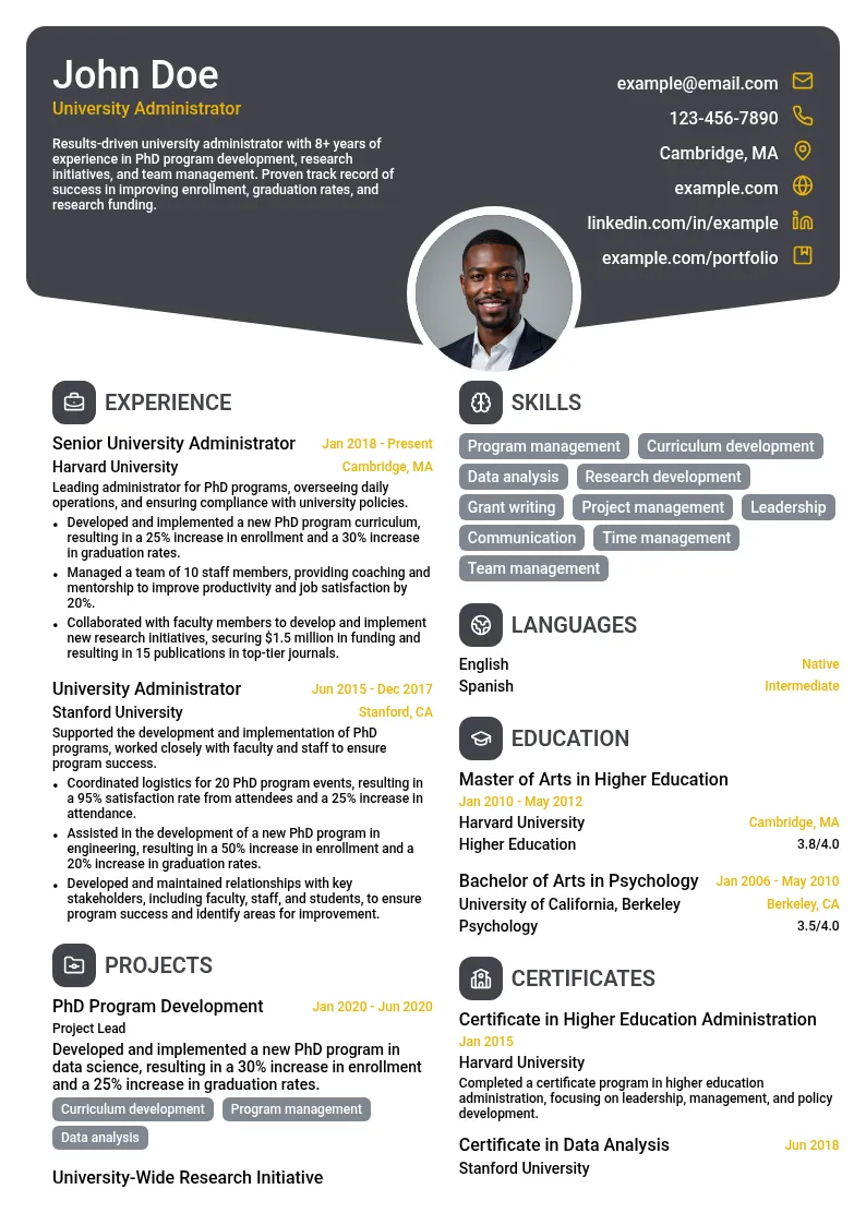 University Administrator resume example