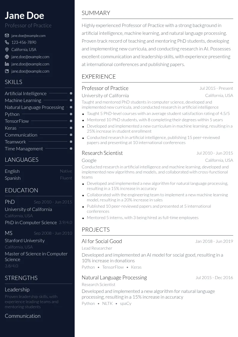 Professor of Practice resume example