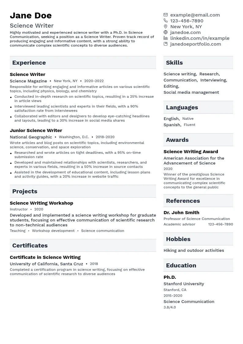 Science Writer resume example